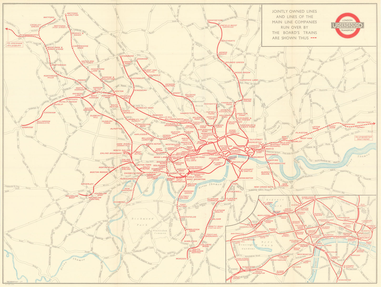 London Transport Underground Map. Print code 36-4496-6,500. L.P.T.B. 1936